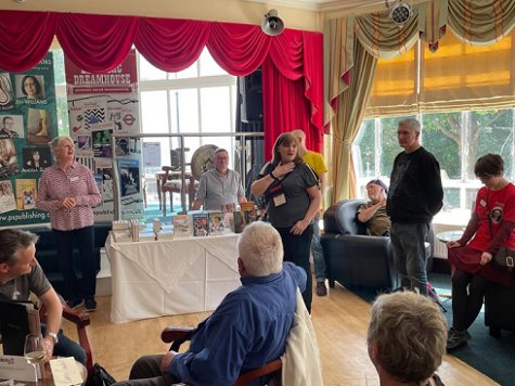 Marie O'Regan speaking at the Absinthe Books launch at ChillerCon UK - with Mike Carey and Louise Carey