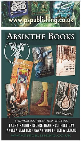 Absinthe Books poster - PS Publishing. Featuring Laura Mauro, George Mann, SJI Holliday, Angela Slatter, Cavan Scott and Jen Williams