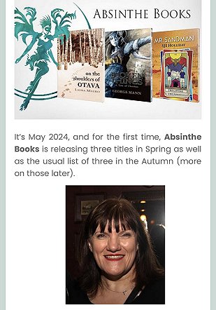 screenshot of PS newsletter, announcing Spring 2024 Absinthe Books titles. Features an Absinthe Books logo banner image and a photograph of Marie O'Regan, smiling