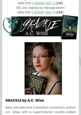 Screenshot of PS Absinthe newsletter, showing a banner image for Grackle, by A.C. Wise, and a photograph of the author holding a copy of a book.