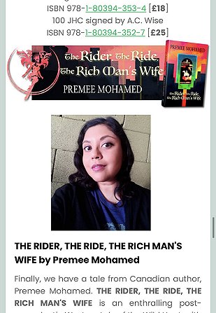 screenshot of PS Absinthe Books newsletter, featuring a banner image for The Rider, The Ride, The Rich Man's Wife by Premee Mohamed. Below that is a photograph of the author