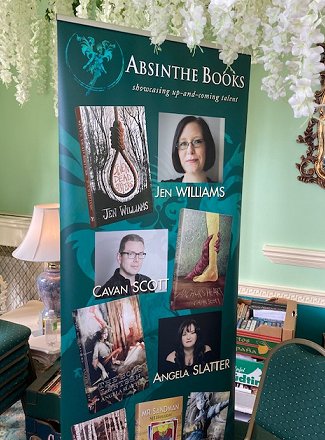 Absinthe Books banner at ChillerCon UK - featuring Jen Williams, Cavan Scott and Angela Slatter