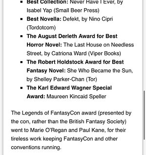 Announcement: The Legends of FantasyCon award (presented by the con, rather than the British Fantasy Society) went to Marie O'Regan and Paul Kane, for their tireless work keeping FantasyCon and other conventions running