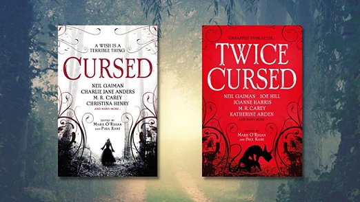 Banner image featuring copies of Cursed and Twice Cursed, edited by Marie O'Regan and Paul Kane, on a shadowy forest background