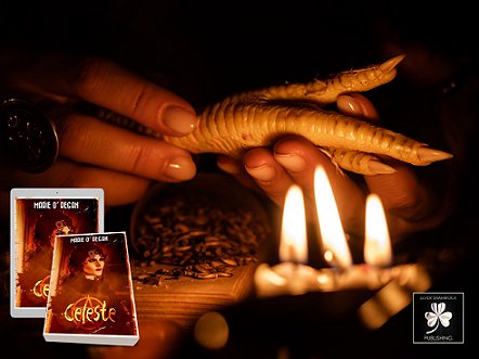 Image featuring a woman's hand holding a chicken's foot, and candle flame. Book cover- Celeste by Marie O'Regan