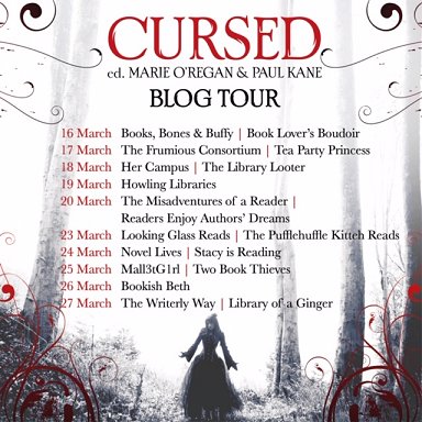 Banner image: Blog tour dates for Cursed, edited by Marie O'Regan and Paul Kane