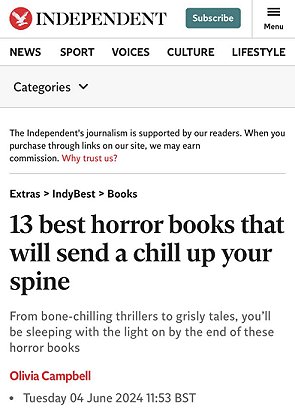 Screenshot showing Independent article '13 best horror books that will send a chill up your spine'