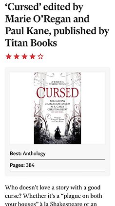 screenshot showing 'Cursed' edited by Marie O'Regan and Paul Kane, published by Titan books. Best anthology