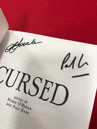 Signing page, Cursed, edited by Marie O'Regan and Paul Kane