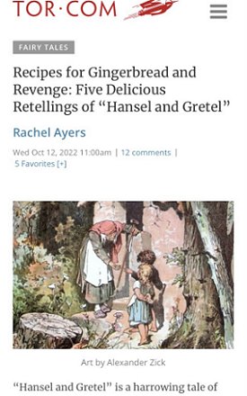 Screenshot: Tor.com - Recipes for Gingerbread and Revenge: Five Delicious Retellings of Hansel and Gretel