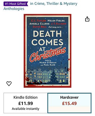 screenshot of Amazon listing showing Death Comes at Christmas, edited by Marie O'Regan and Paul Kane, as No. 1 Most Gifted in Crime, Thriller and Mystery Anthologies