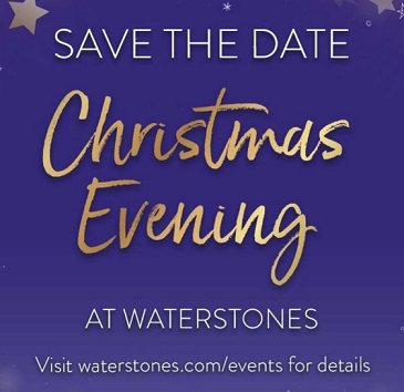 purple banner image. text reads: Save the Date - Christmas evening at Waterstones. Visit waterstones.com/events for details