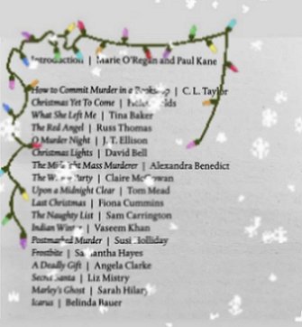 photograph of the Table of Contents for Death Comes at Christmas, edited by Marie O'Regan and Paul Kane, with snow falling and a garland of multi-coloured treelights across the top of the page