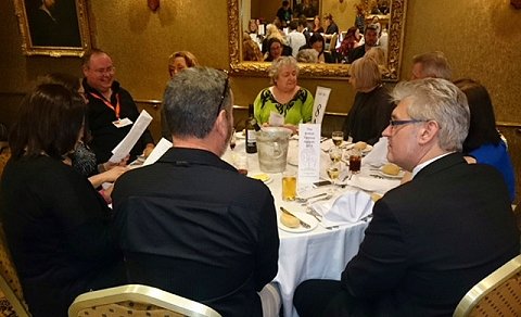 PS table at FantasyCon banquet 2017. Front, L to R: Sheryl Smith, Mike Smith, Paul Kane. Back, L to R: Alison Littlewood, Fergus Beadle, Jan Siegel, Pat Cadigan, Val Edwards, Les Edwards, Marie O'Regan