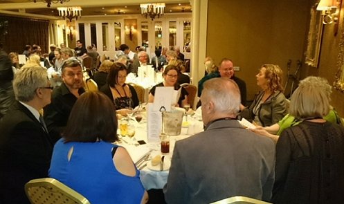 PS Table, FantasyCon banquet 2017. Front, L to R: Paul Kane, Marie O'Regan, Les Edwards, Val Edwards. Back, L to R: Mike Smith, Sheryl Smith, Alison Littlewood, Fergus Beadle, Jan Siegel, Pat Cadigan