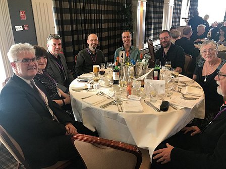 PS Publishing banquet table. L to R: Paul Kane, Marie O'Regan, Mike Smith, Neil Snowdon, Dan Coxon, Tim Major, Jenny Campbell and Peter Crowther