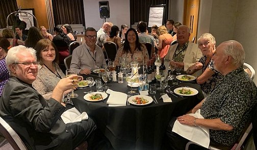 The PS Publishing banquet table at FantasyCon. L to R: Paul Kane, Marie O'Regan, Mike Smith, Sheryl Smith, Ramsey Campbell, Jenny Campbell and Peter Crowther