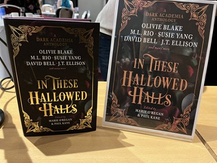 A copy of In These Hallowed Halls, edited by Marie O'Regan and Paul Kane, stands beside a poster of the book on a wooden table