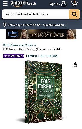 screenshot from amazon.co.uk, showing Beyond and Within Folk Horror, edited by Paul Kane and Marie O'Regan, at no.3 in Most Gifted Horror Anthologies