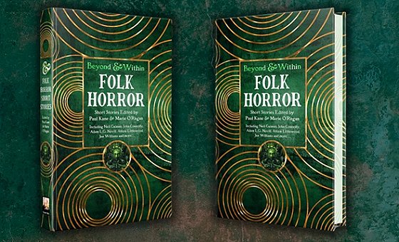 image showing two copies of a book, Beyond and Within FOlk Horror, edited by Paul Kane and Marie O'Regan. The books are dark green with gold concentric circles on a dark green background