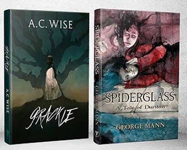 banner image showing two novellas from Absinthe Books. On the left, Grackle by A.C. Wise. On the right, Spiderglass: A Tale of Durstan by George Mann