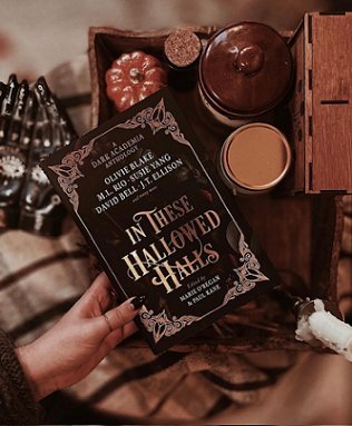 a woman's hand holds a copy of In These Hallowed Halls, edited by Marie O'Regan and Paul Kane, above a box containing a pumpkin shaped jar, a cork-lidded bottle, a metal-topped jar and a brown earthenware jar
