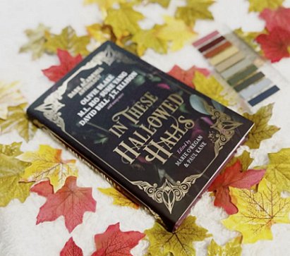 photograph of a copy of In These Hallowed Halls, edited by Marie O'Regan and Paul Kane, lying on a white cloth scattered wtih red and yellow-green leaves and a colour sample strip alongside