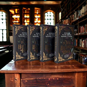 Image of four standing copies of In These Hallowed Halls, edited by Marie O'Regan and Paul Kane, on a wooden table with full bookshelves and leaded windows in the background