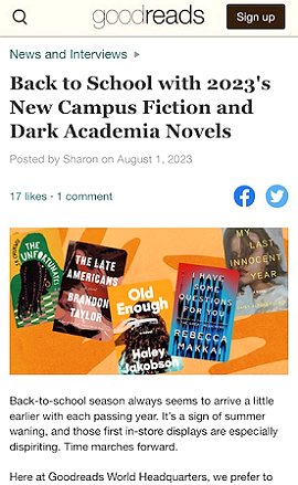 Screenshot of Goodreads website: Text - Back to School with 2023's New Campus Fiction and Dark Academia Novels