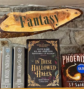 a standing copy of In These Hallowed Halls, edited by Marie O'Regan and Paul Kane, on a bookshelf below a wooden sign saying Fantasy