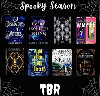 image showing a number of spooky books, including In These Hallowed Halls, edited by Marie O'Regan and Paul Kane. Heading reads Spooky Season, TBR