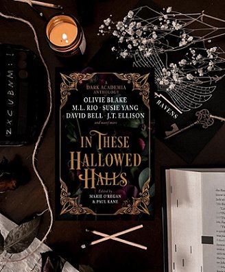 A copy of In These Hallowed Halls, edited by Marie O'Regan and Paul Kane, is lying on a back surface, below which are two crossed, burnt matches, an open text book and black leaves and white string. To its right is an ornate black key.