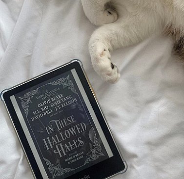 Image showing a kindle featuring the cover of In These Hallowed Halls, edited b Marie O'Regan and Paul Kane, on a white sheet, with a white cat lying nearby