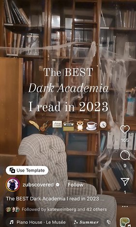 image of a check-cloth covered armchair in front of cobweb covered bookshelves. Text reads: The BEST Dark Academia I read in 2023