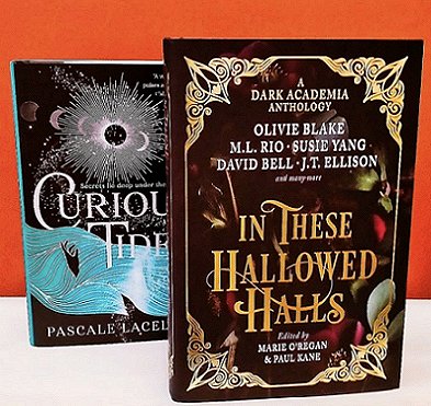 Two books standing on a white surface in front of an orange background. The books are Curious Tides by Pascale Lacelle and In These Hallowed Halls, edited by Marie O'Regan and Paul Kane