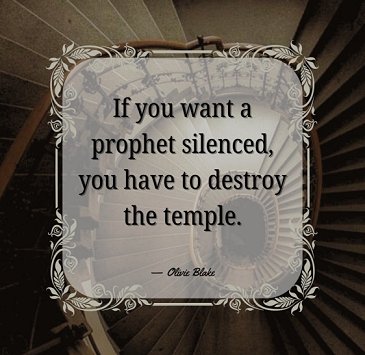 image showing an Olivie Blake quote from In These Hallowed Halls, superimposed over a spiral staircase. Text reads: If you want a prophet silenced, you have to destroy the temple