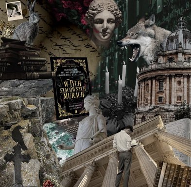 display featuring a copy of the Polish edition of In These Hallowed Halls, edited by Marie O'Regan and Paul Kane, in the centre of rocks, statues, candles, ruins - a young man reading a book is at the front of the picture