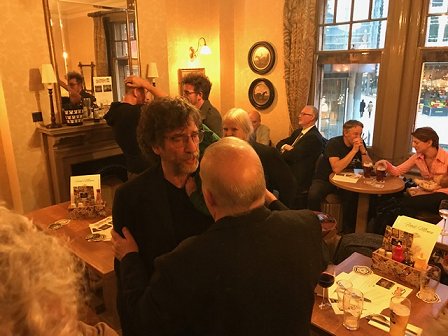 Neil Gaiman and Stephen Jones. At back: Christopher Fowler, Guy Adams and Jo Fletcher