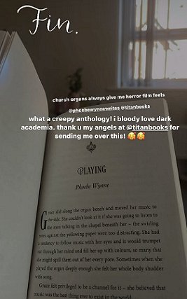 Screenshot of title page for Playing by Phoebe Wynne, from In These Hallowed Halls, edited by Marie O'Regan and Paul Kane. Text at top reads Fin. Text below that reads Church organs always give me horror film feels. @phoebewynnewrites @titanbooks What a creepy anthology! I bloody love dark academia. Thank  you my angels at @titanbooks for sending me over this. Two smiley face with kissey hearts emojis