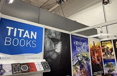 Titan Books display at London Book Fair, featuring In These Hallowed Halls, edited by Marie O'Regan and Paul Kane