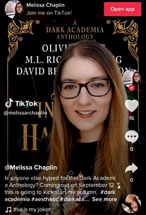 Screenshot of TikTok image of In These Hallowed Halls, edited by Marie O'Regan and Paul Kane, behind a woman wearing glasses