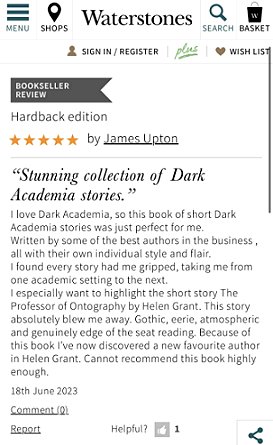 screenshot of Waterstones five-star review for In These Hallowed Halls, edited by Marie O'Regan and Paul Kane