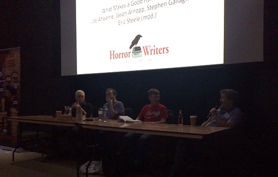 HWA presents Highlighting Horror: Scriptwriting. What Makes A Good Horror Script panel. L to R: Stephen Gallagher, Jason Arnopp, Eric Steele, Joe Ahearne