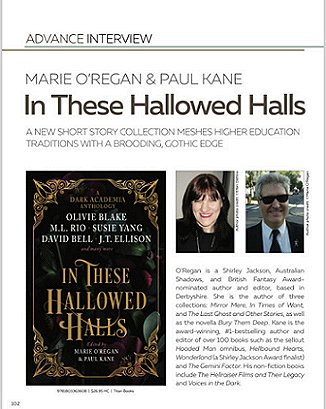 screenshot showing text of Advance interview with Marie O'Regan and Paul Kane for the release of In These Hallowed Halls, edited by Marie O'Regan and Paul Kane