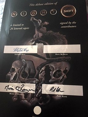 Nightshift signing sheets, signed by Stephen King, Marie O'Regan and Paul Kane