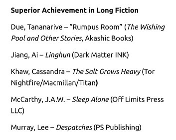 screenshot of Bram Stoker Awards® shortlist for Superior Achievement in Long Fiction. List reads: Due, Tananarive - Rumpus Room (The Wishing Pool and Other Stories, Akashic Books); Jiang, Ai - Linghun (Dark Matter INK); Khaw, Cassandra - The Salt Grows Heavy (Tor Nightfire/Macmillan/Titan); McCarthy, J.A.W. - Sleep ALone (Off Limits Press LCC); Murray, Lee - Despatches (PS Publishing)