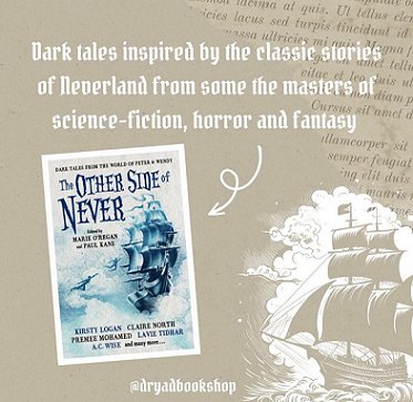 Advertisement for The Other Side of Never, edited by Marie O'Regan and Paul Kane, featuring the book cover - a ship floating through the clouds with two shadow figures flying towards it - against a taupe background showing a silhouette of a ship. Text reads Dark tales inspired by the classic stories of Neverland from some of the masters of science-fiction, horror and fantasy