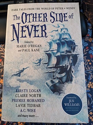 A copy of The Other Side of Never, edited by Marie O'Regan and Paul Kane, on a dark blue floral cloth