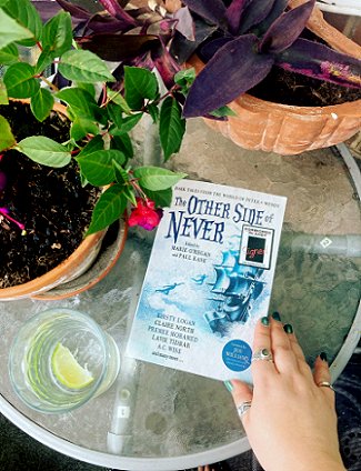 A woman's hand holding a copy of The Other Side of Never, edited by Marie O'Regan and Paul Kane, lying on a glass table, surrounded by potted plants and a glass with a clear liquid and slice of lemon inside