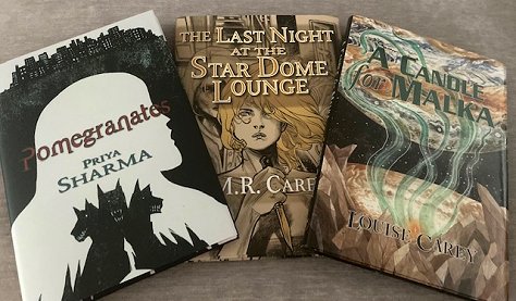 Display of three Absinthe Books novellas: Pomegranates by Priya Sharma, The Last Night at the Star Dome Lounge by M.R. Carey, and A Candle for Malka by Louise Carey